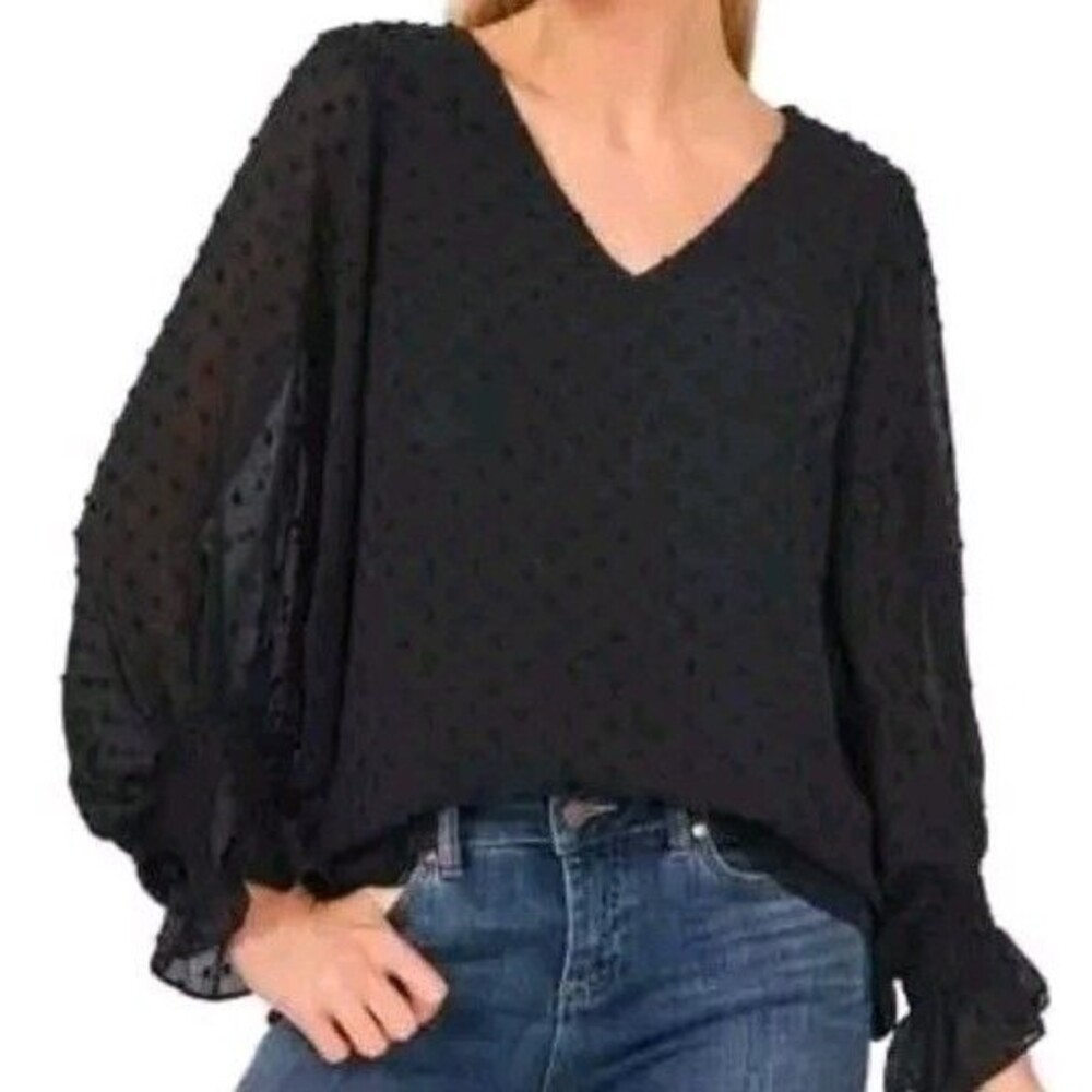 Vince Camuto Blouse XS Black Sheer Balloon Long Sleeve V Neck Chiffon Clip Dot